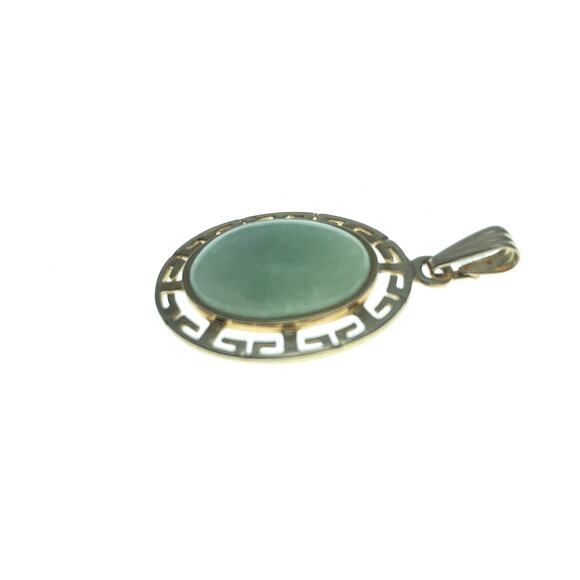 14K Yellow Gold Green Jade Cabachon Pendant Greek Key 3 grams - Picture 3 of 13
